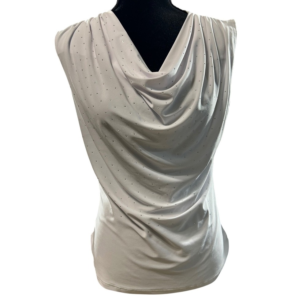 Jennie & Marlis Womens White Cowl Neck Rhinestone Sleeveless Blouse Medium USA